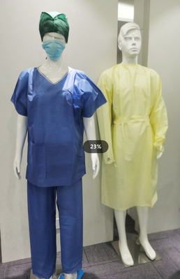 O hospital de SMS descartável esfrega ternos com cor azul das luvas curtos